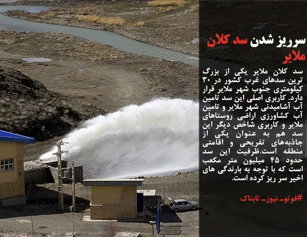 سد کلان ملایر یکی از بزرگ ترین سدهای غرب کشور در ۳۰ کیلومتری جنوب شهر ملایر قرار دارد. کاربری اصلی این سد تامین آب آشامیدنی شهر ملایر و تامین آب کشاورزی اراضی روستاهای ملایر و کاربری شاخص دیگر این سد هم به عنوان یکی از جاذبه&zwnj;های تفریحی و اقامتی منطقه است.ظرفیت این سد حدود ۴۵ میلیون متر مکعب است که با توجه به بارندگی های اخیر سر ریز کرده است.
