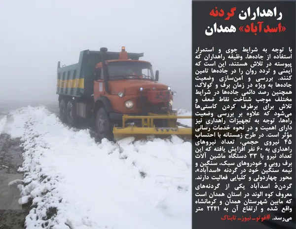 با توجه به شرایط جوی و استمرار استفاده از جاده&zwnj;ها، وظیفه راهداران که پیوسته در تلاش هستند، این است که ایمنی و تردد روان را در جاده&zwnj;ها تامین کنند. بررسی و امن&zwnj;سازی وضعیت جاده&zwnj;ها به ویژه در زمان برف و کولاک، همچنین رصد دائمی جاده&zwnj;ها در شرایط مختلف موجب شناخت نقاط ضعف و تلاش برای برطرف کردن کاستی&zwnj;ها می&zwnj;شود که علاوه بر بررسی وضعیت راه&zwnj;ها، توجه به تجهیزات راهداری نیز دارای اهمیت و در نحوه خدمات رسانی مؤثر است. در طرح زمستانه با احتساب ۴۵ نیروی حجمی، تعداد نیروهای راهداری به ۶۰ نفر افزایش یافته که این تعداد نیرو با ۳۳ دستگاه ماشین آلات برف روبی و خودروهای سبک، سنگین و نیمه&nbsp;سنگین خود در گردنه &laquo;اسدآباد&raquo;، محور چهاردولی و کلیایی فعالیت دارند. گردنهٔ اسدآباد یکی از گردنه&zwnj;های معروف کوه الوند در استان همدان است که مابین شهرستان همدان و کرمانشاه واقع شده و ارتفاع آن به ۲۲۴۱ متر می&zwnj;رسد. #فوتوـ نیوزـ تابناک
