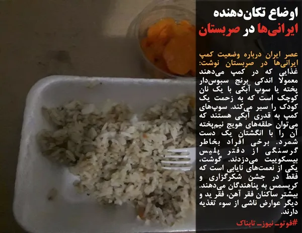 عصر ایران درباره وضعیت کمپ&zwnj; ایرانی&zwnj;ها در صربستان نوشت: غذایی که در کمپ می&zwnj;دهند معمولا اندکی برنج سبوس&zwnj;دار پخته یا سوپ آبکی با یک نان کوچک است که به زحمت یک کودک را سیر می&zwnj;کند. سوپ&zwnj;های کمپ به قدری آبکی هستند که می&zwnj;توان حلقه&zwnj;های هویج نیم&zwnj;پخته آن را با انگشتان یک دست شمرد. برخی افراد بخاطر گرسنگی از دفتر پلیس بیسکوییت می&zwnj;دزدند. گوشت، یکی از نعمت&zwnj;های نایابی است که فقط در جشن شکرگزاری و کریسمس به پناهندگان می&zwnj;دهند. بیشتر ساکنان فقر آهن، فقر ید و دیگر عوارض ناشی از سوء تغذیه دارند.
