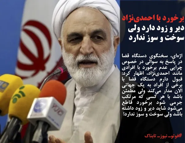 اژه&zwnj;ای، سخنگوی دستگاه قضا در پاسخ به سوالی در خصوص چرایی عدم برخورد با افرادی مانند احمدی&zwnj;نژاد، اظهار کرد: قبول دارم دستگاه قضا با برخی از افراد به یک جهاتی الان مدار می&zwnj;کند ولی مطمئن باشد با هر کسی که مرتکب جرمی شود برخورد قاطع می&zwnj;شود شاید دیر و زود داشته باشد ولی سوخت و سوز ندارد!
