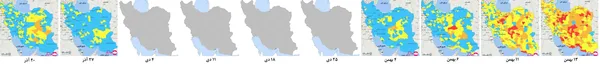  روند تغییرات نقشه رنگ&zwnj;بندی کرونایی در کشورمان در دو ماه اخیر (به مدت چهار هفته نقشه رنگ&zwnj;بندی منتشر نشد) 